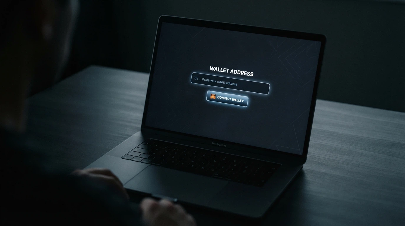 A casino registration screen showing only a wallet-address field with no identity-verification step visible