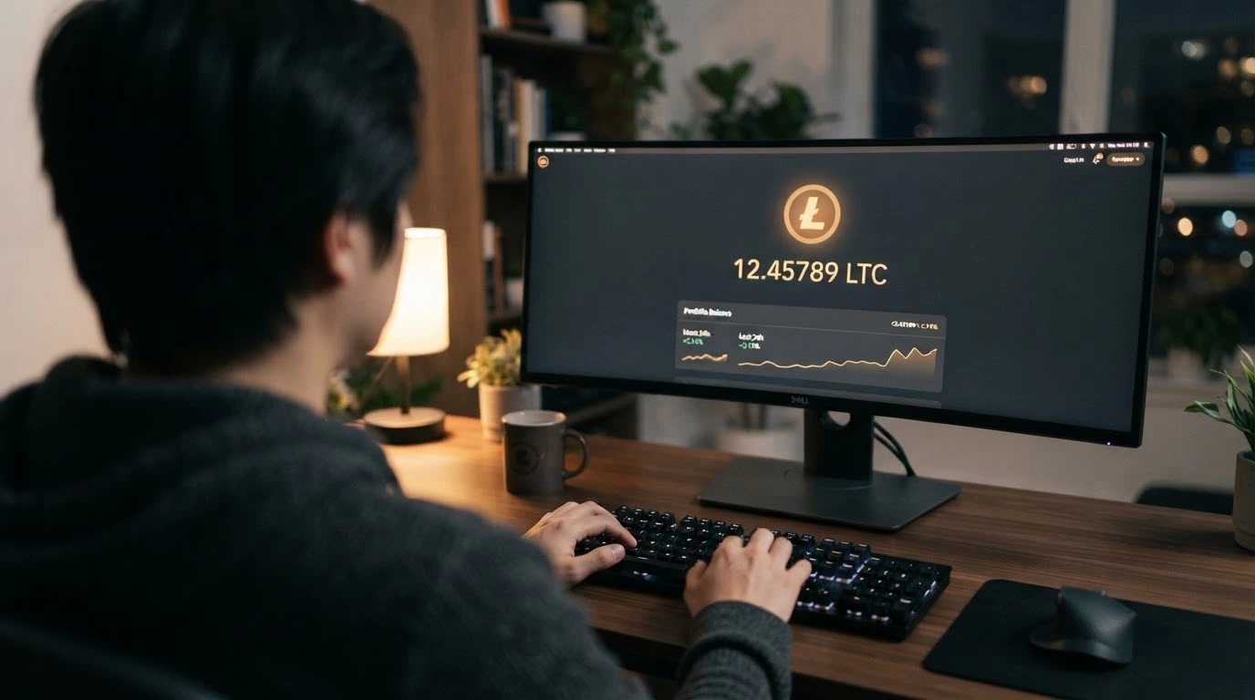 A person's hands on a keyboard, face not visible, with a Litecoin symbol glowing on the monitor — no ID documents in frame