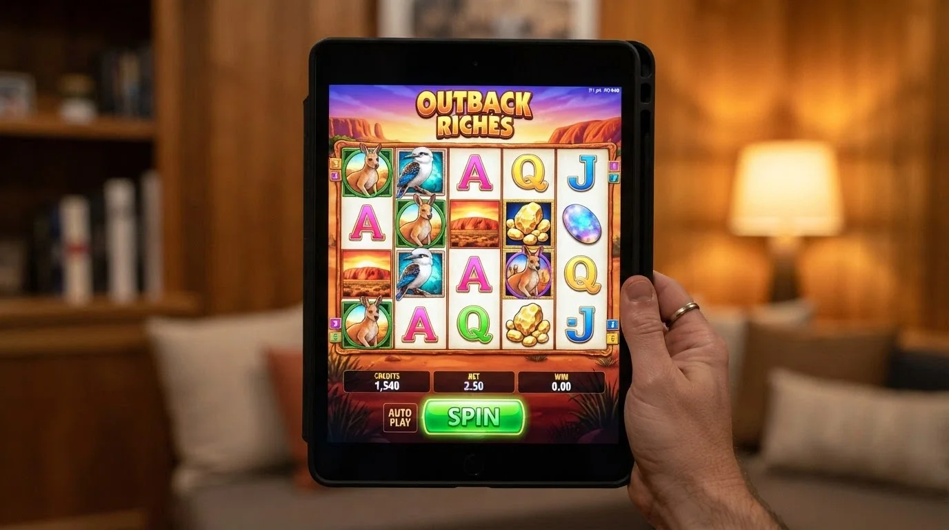 An iPad in portrait mode showing an Aristocrat-style pokies game with the iconic reels and bold Australian-themed symbols, a player's thumb on the spin button