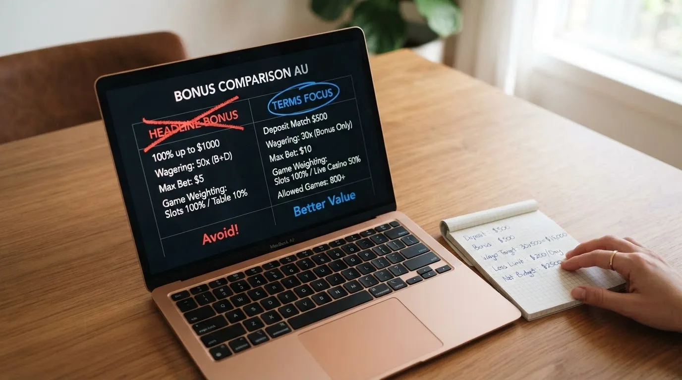 An Australian player at a laptop, the screen showing a simple comparison table with the bonus column crossed out and the wagering column circled, a notepad beside the keyboard with handwritten deposit and loss limits