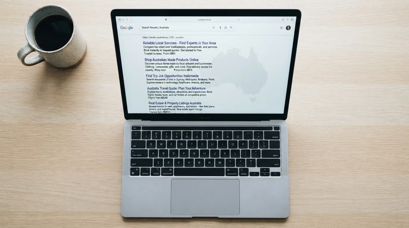 A search-results page for casino reload bonuses with Australian dollar amounts visible in the snippets, the screen framed by a subtle map outline of Australia