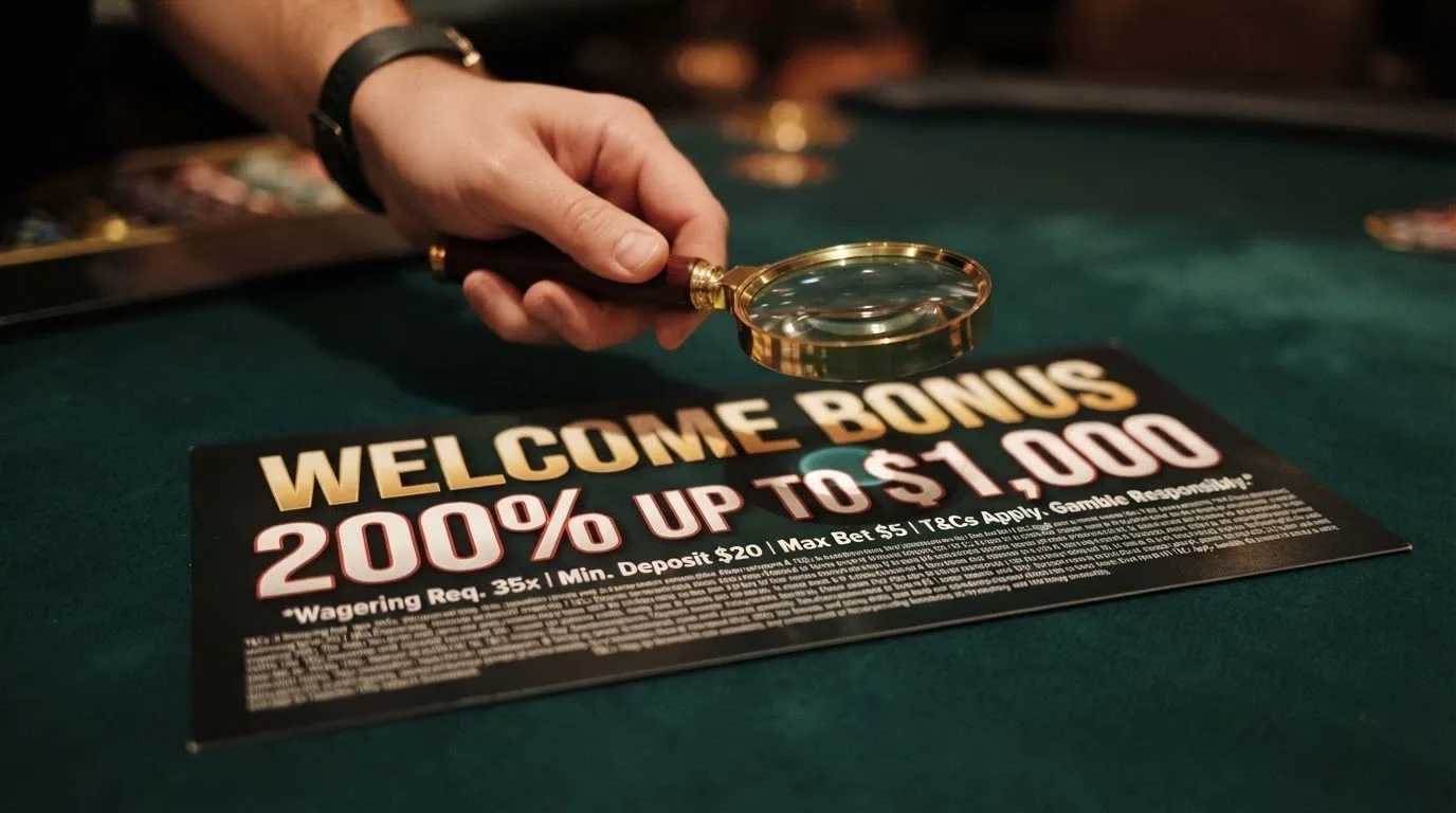 A casino promotion banner reading '300% Welcome Bonus up to $2,000' with a magnifying glass hovering over the terms-and-conditions link in small print beneath it
