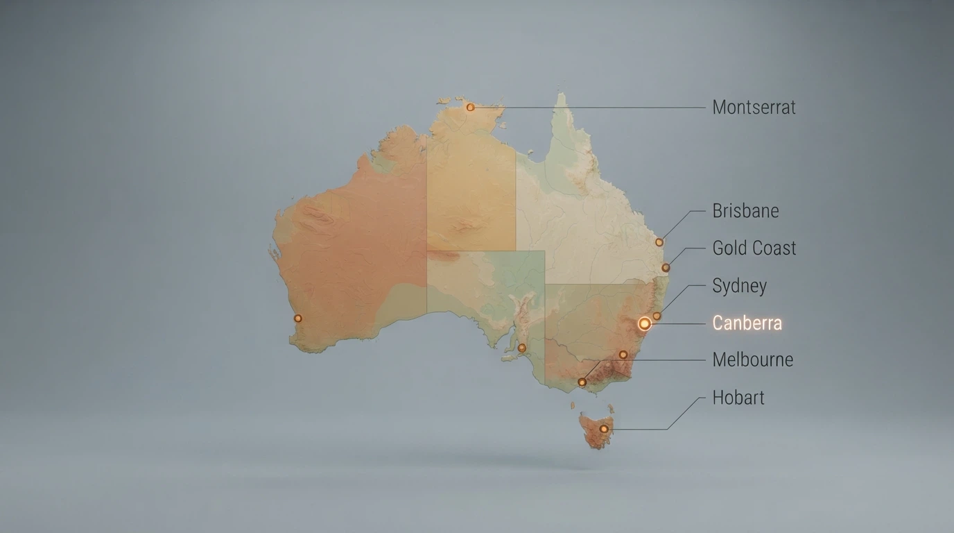 A stylised map of Australia with markers at each major casino city — Canberra, Melbourne, Sydney, Perth, Gold Coast, Adelaide, Brisbane, Hobart, Darwin