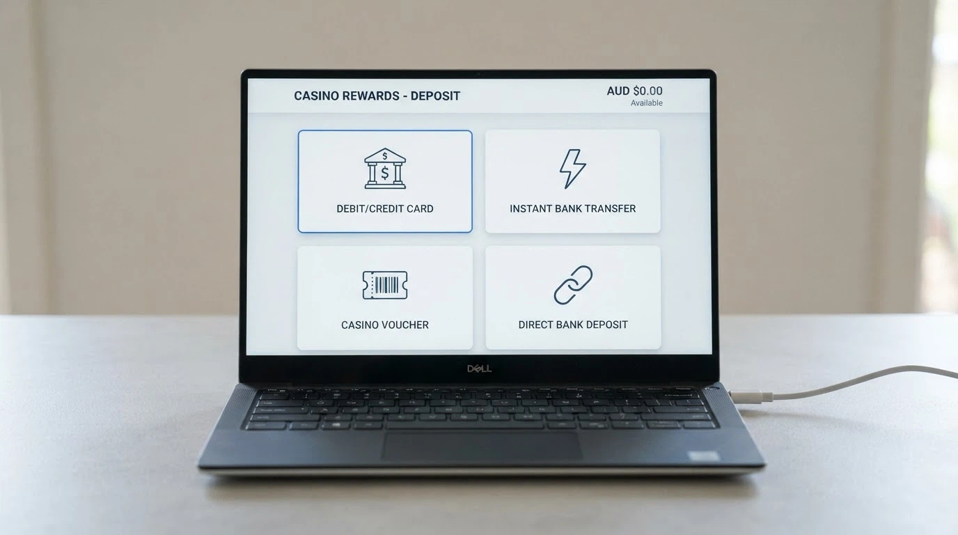 Australian-facing casino cashier interface showing PayID, Neosurf voucher, bank transfer and cryptocurrency as deposit options side by side