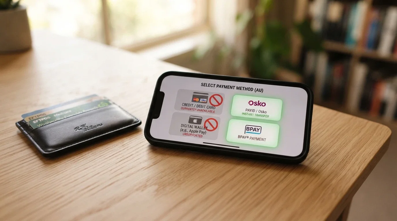 A payment screen with credit card and cryptocurrency options greyed out and a red “prohibited” stamp, while PayID and bank transfer remain lit in green