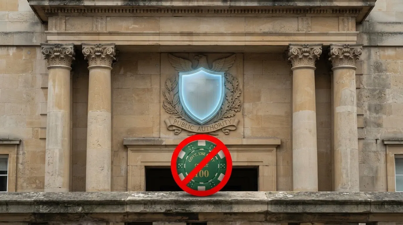 The Australian coat of arms on a government-building façade, with a translucent ACMA logo and a red “no entry” symbol overlaid on a casino-chip graphic