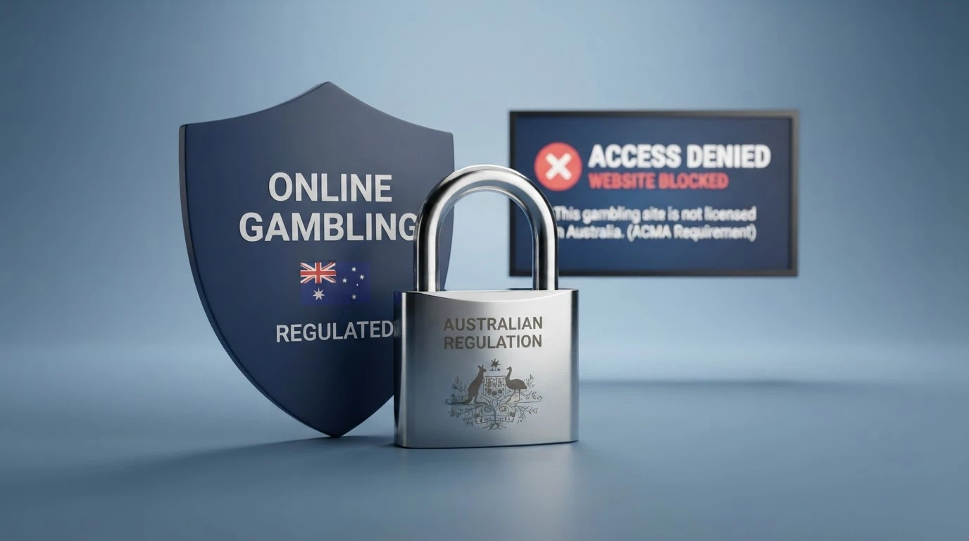 The ACMA logo on a government webpage beside the text of the Interactive Gambling Act 2001, a blocked-website notice visible on a second screen in the background
