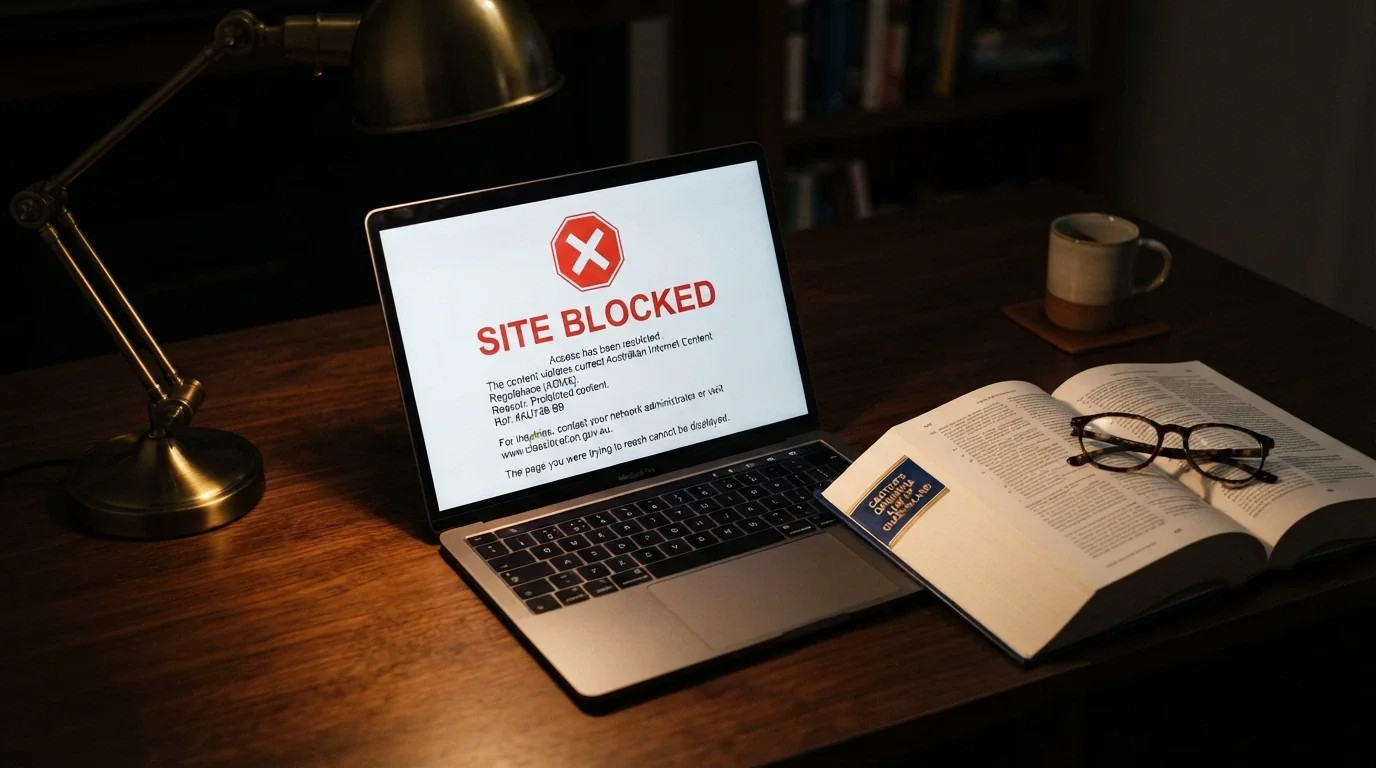 A close-up of the Interactive Gambling Act 2001 cover page beside a laptop screen showing an ACMA blocking notice and a BetStop registration page