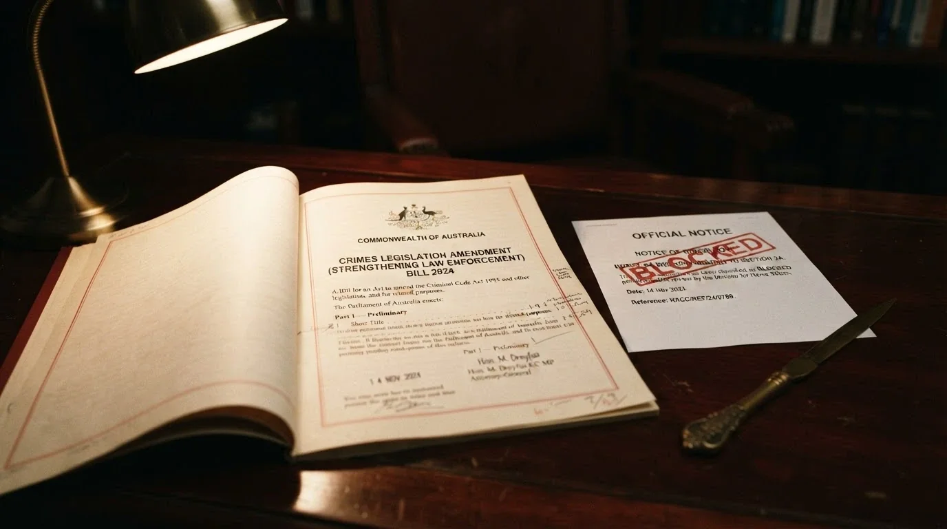 A document header showing the Interactive Gambling Act 2001 title page, with the ACMA logo and a blocked-website notice beside it