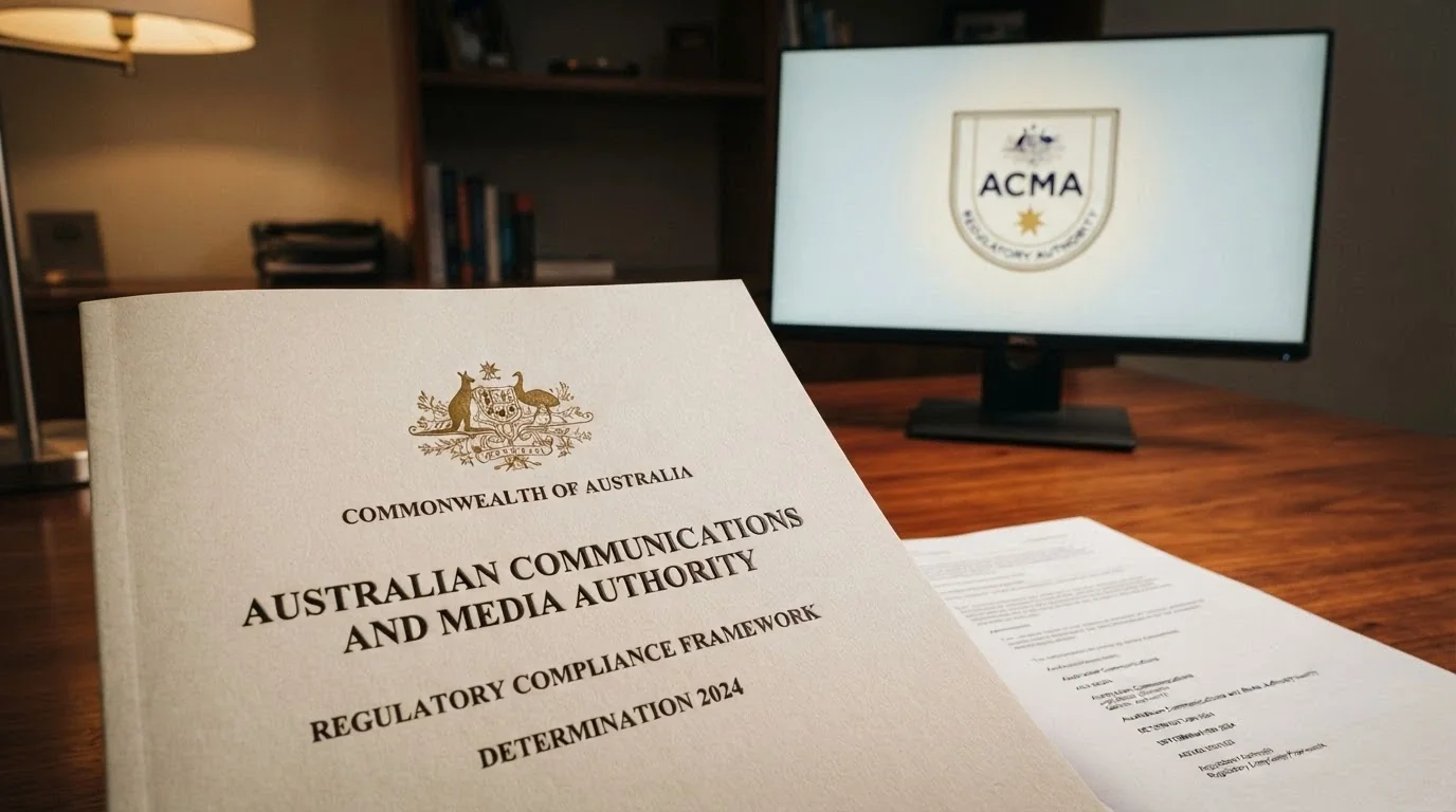 A government document labelled Interactive Gambling Act 2001 on a desk, with the ACMA logo visible on a screen behind it