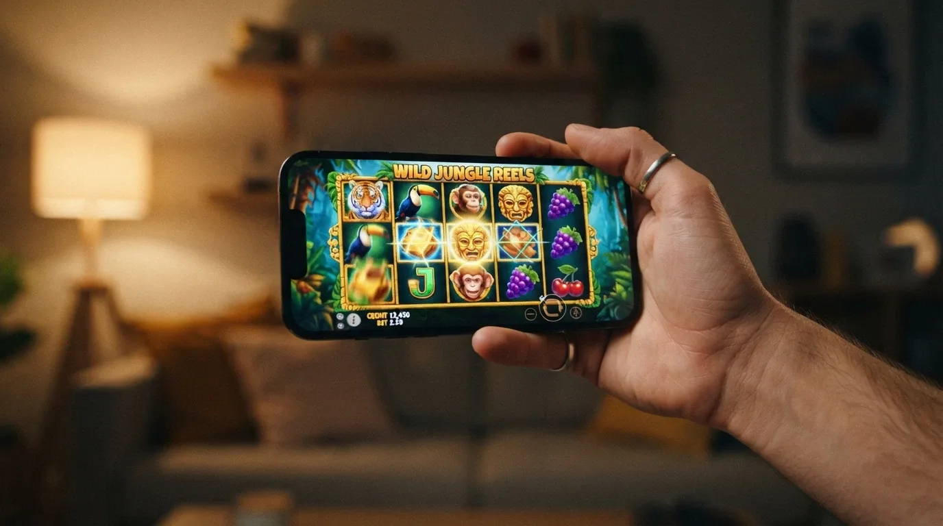 A hand holding a smartphone in landscape orientation with a brightly coloured pokies game filling the screen, no app icon visible