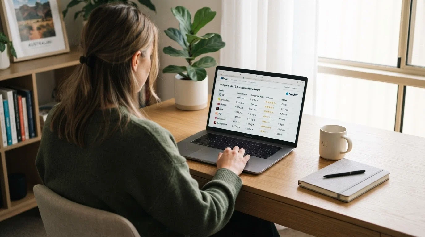 An Australian player at a desk reviewing casino information on a laptop, expression neutral and evaluating