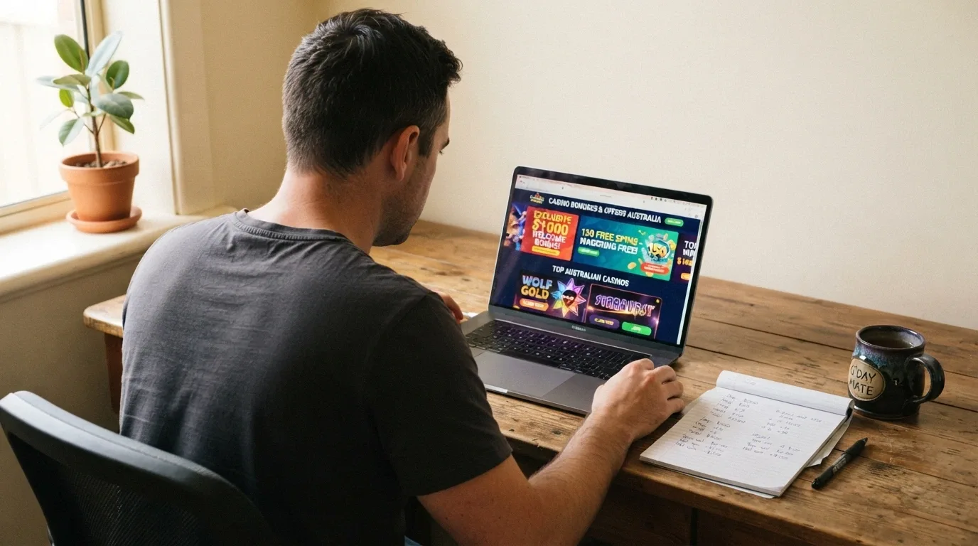 An Australian player sitting at a desk with a laptop open to casino offers, looking at a notepad with figures written on it
