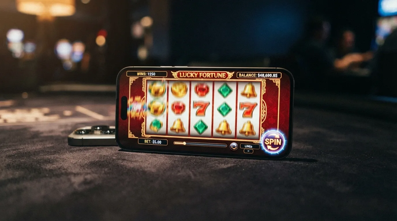 An iPhone in landscape orientation displaying a colourful pokies game screen with the spin button and balance visible, set against a dark background