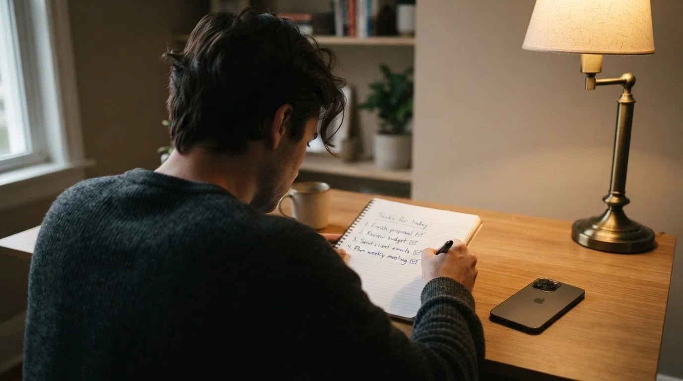 A person at a desk with a notepad showing a simple checklist — licence check, wagering ×, win cap, BetStop — beside a smartphone with a casino page dimmed in the background