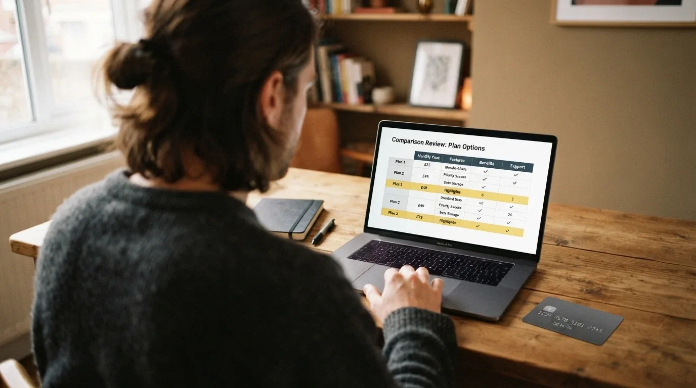 A person at a desk with a laptop, notepad and a debit card, looking at a decision on screen