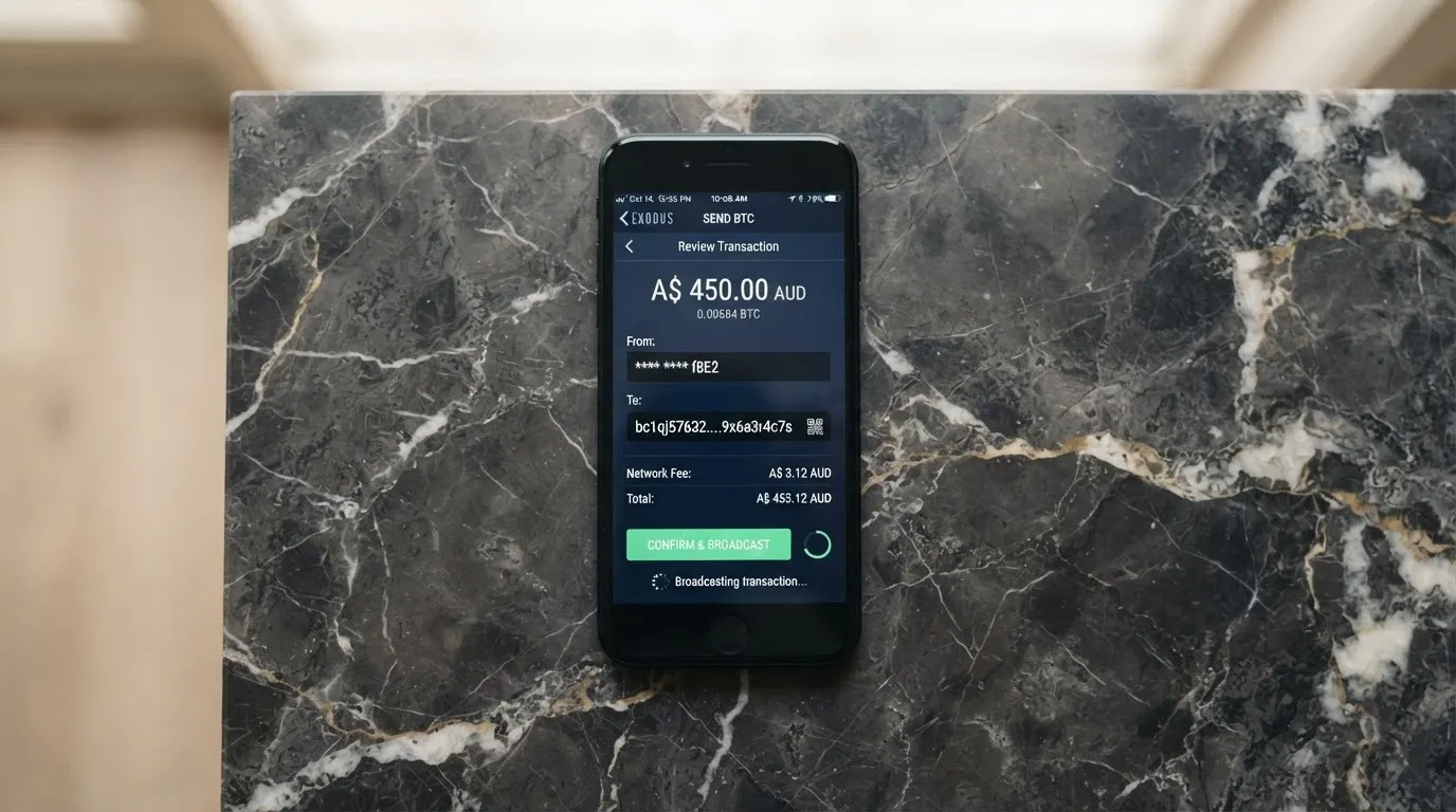 A crypto wallet interface on a smartphone screen, showing a Bitcoin Cash transfer being sent to a casino deposit address