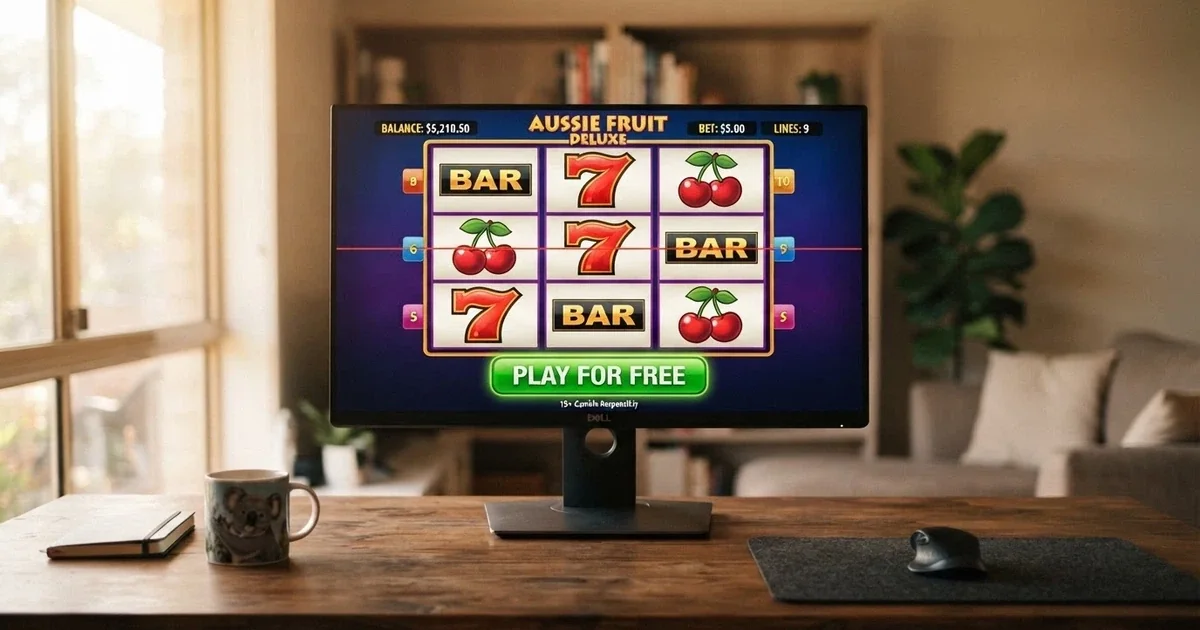 A browser window showing a colourful 3-reel pokie grid with fruit symbols — cherries, BARs and a seven — and a demo-mode “Play for Free” button highlighted