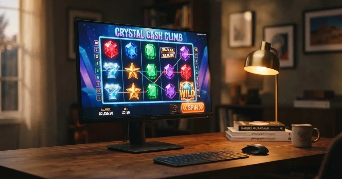 A close-up of a five-reel online pokie grid on a desktop screen, three rows of brightly coloured symbols visible with the spin button glowing at the bottom right