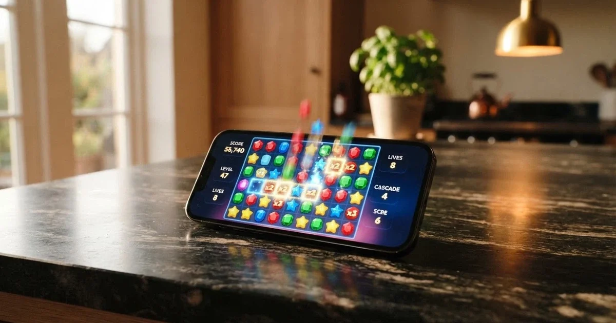 A 7×7 cluster-pays slot grid with cascading symbols on a smartphone screen