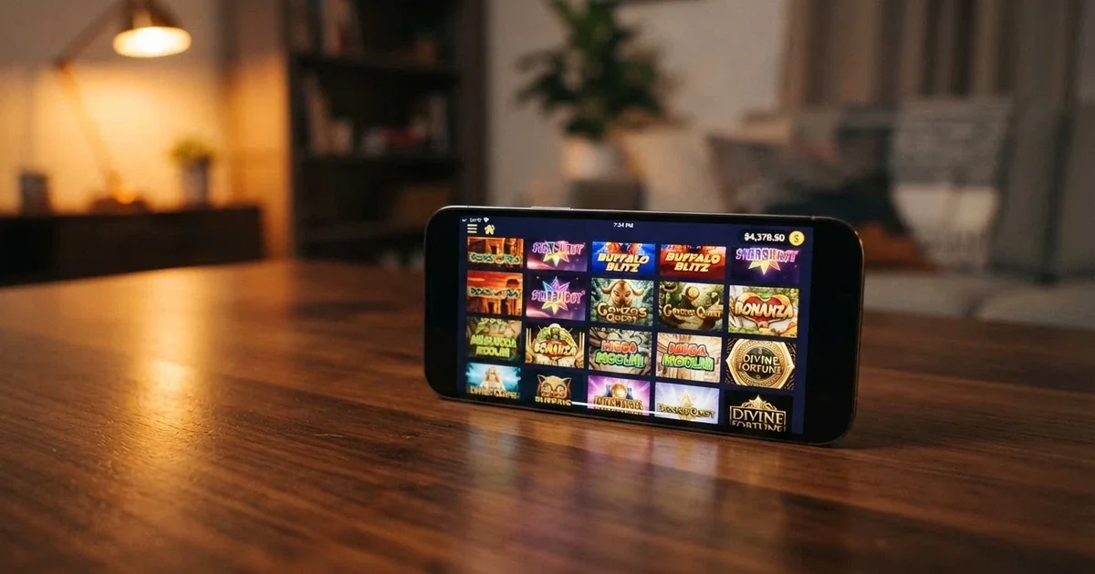 A smartphone screen displaying an online casino lobby with colourful pokies thumbnails and an Australian dollar balance visible in the top corner