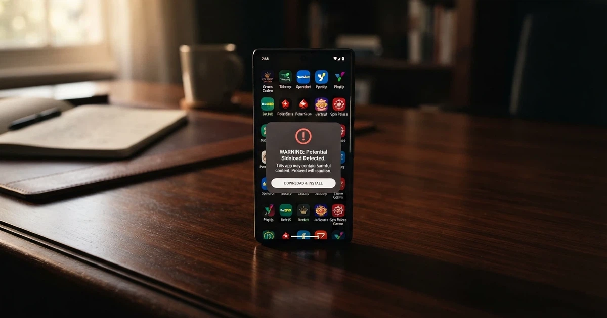 An Android phone screen showing a casino app icon grid with a Google Play Store blocked warning and an APK sideload prompt overlay