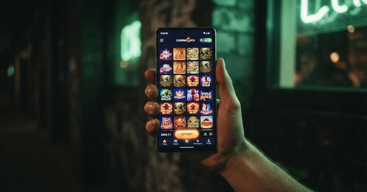 A smartphone held in one hand displaying a casino app lobby screen with pokies thumbnails and a deposit button, set against a dark background with subtle green neon highlights