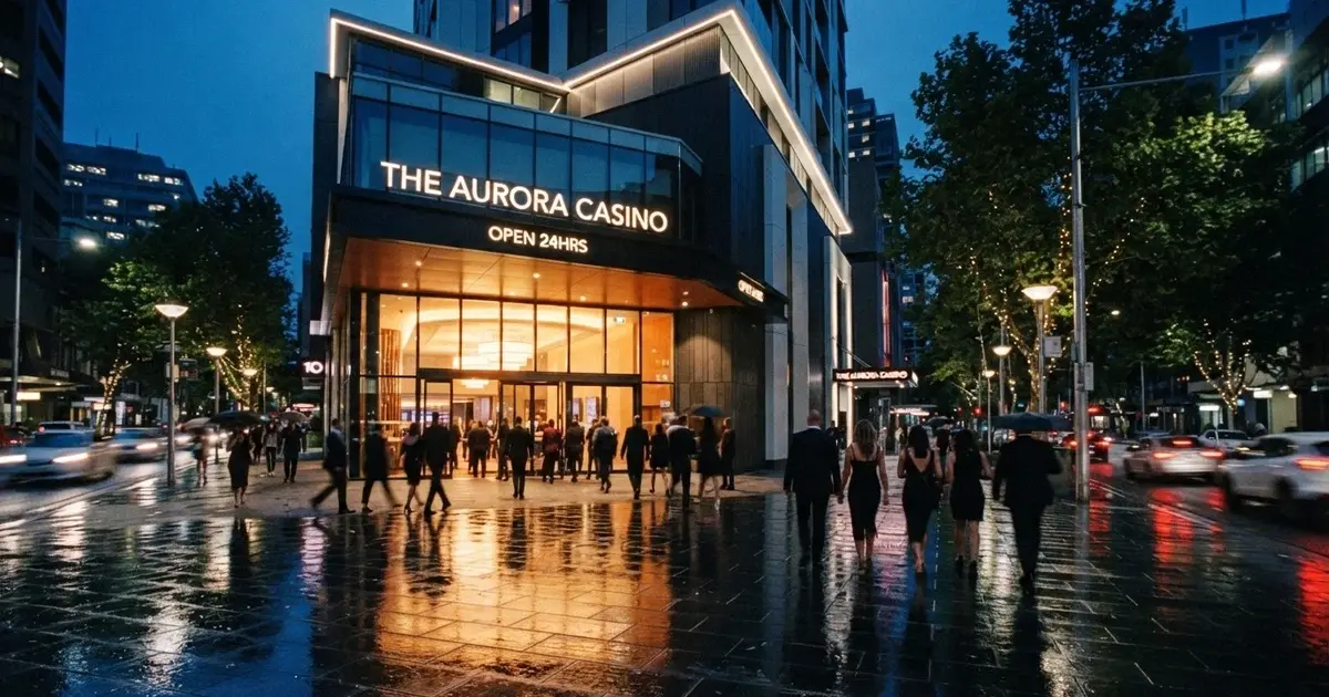 Casino Canberra's illuminated exterior at 21 Binara Street after dark, the entrance visible with patrons approaching