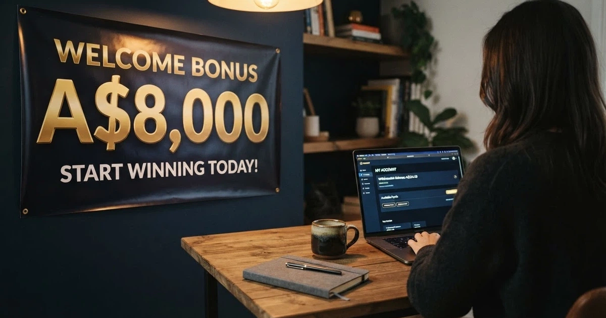 A split scene: one side shows a glossy casino welcome-bonus banner with a large A$8,000 headline figure, the other side shows a player looking at a laptop screen displaying a much smaller withdrawal-eligible balance after wagering deductions.