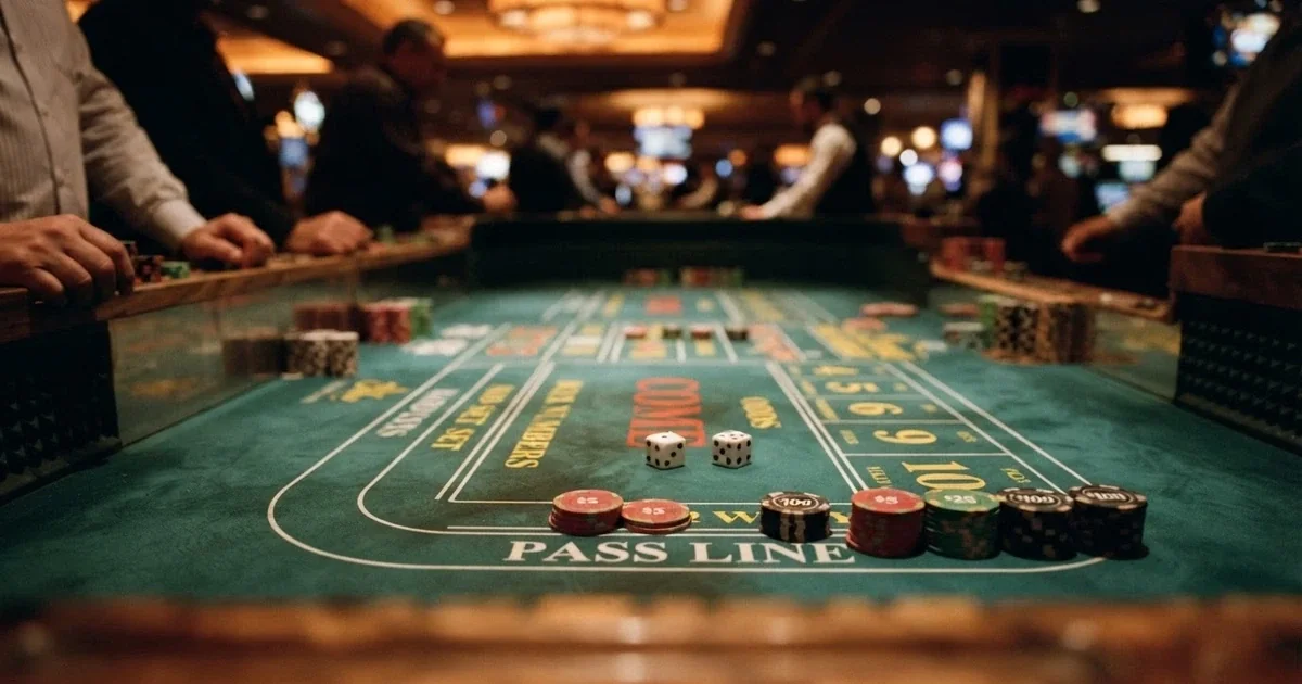 A craps table with colourful chips stacked on the pass line and two dice resting on the felt, lit by a warm casino overhead