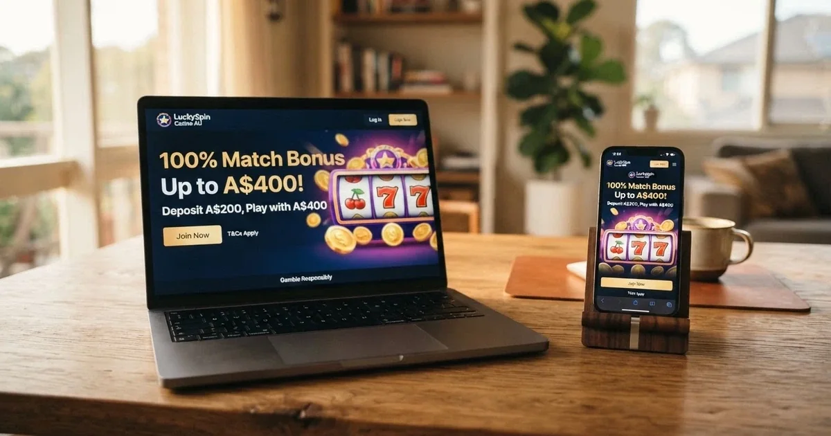 A computer screen showing an online casino welcome offer page with a first deposit match bonus banner, Australian dollar amounts visible, a smartphone beside it displaying the same page