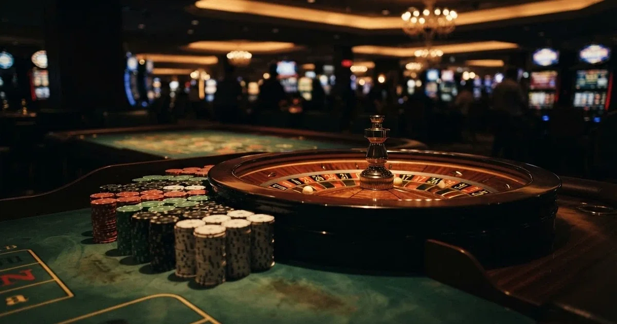 A high-stakes casino table at night, chips stacked high, a roulette wheel glowing in the foreground — no people, no logos