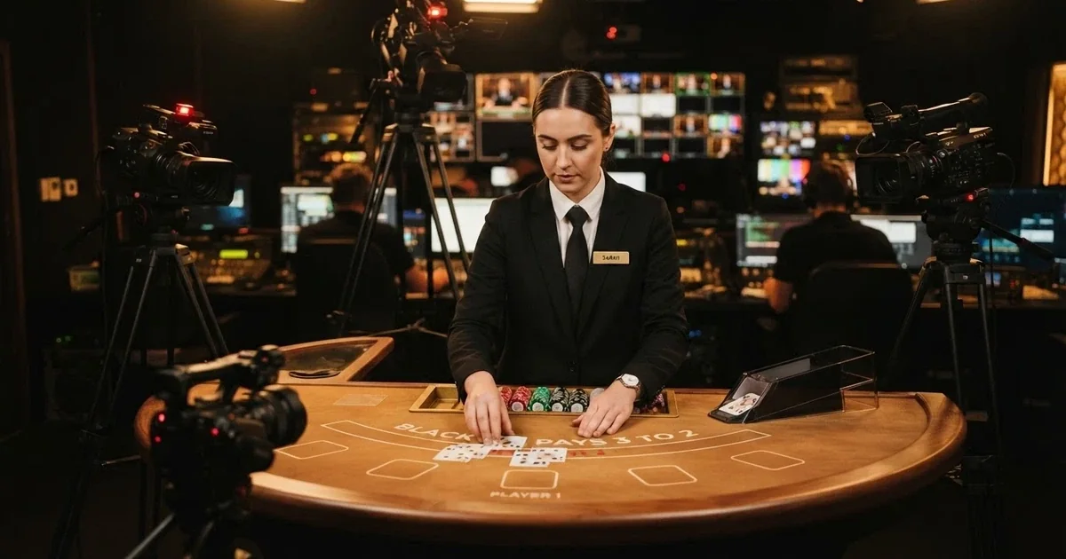 A live casino studio with a professional dealer at a blackjack table, multiple camera angles visible on screens around the room, cards being dealt in real time