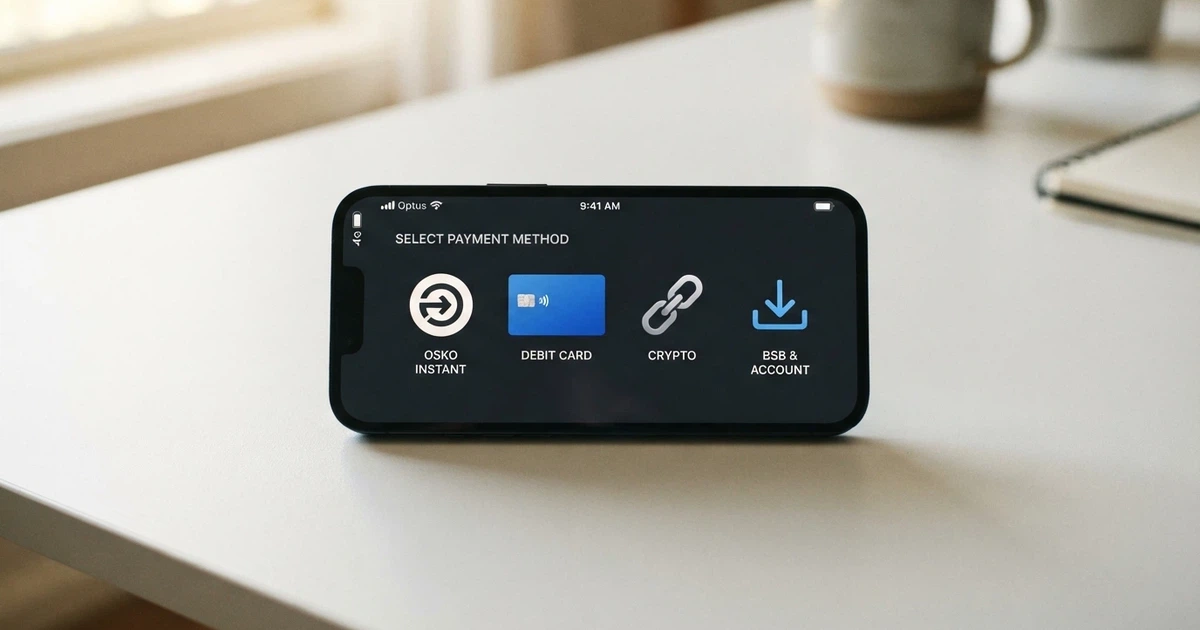 A smartphone screen showing several Australian online casino payment method icons arranged in a row — PayID, a debit card, a crypto wallet, and a bank transfer symbol — against a clean neutral background