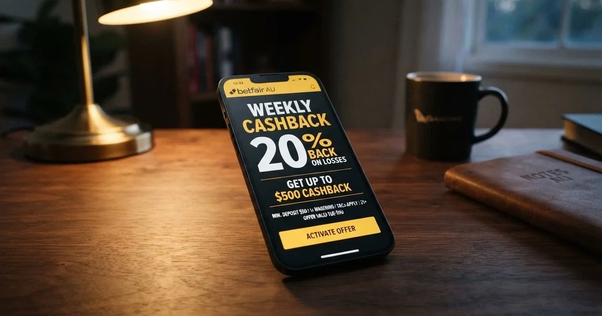 A smartphone screen showing a casino cashback bonus banner with a percentage rate, wagering terms and a claim button visible