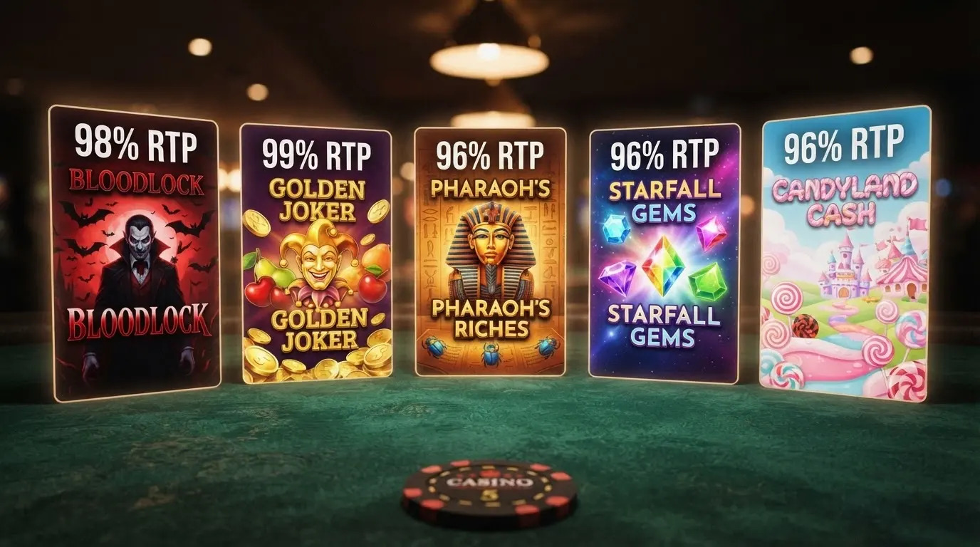 A row of five pokie title cards — Blood Suckers, Mega Joker, Book of Dead, Starburst and Sweet Bonanza — each showing its RTP percentage prominently