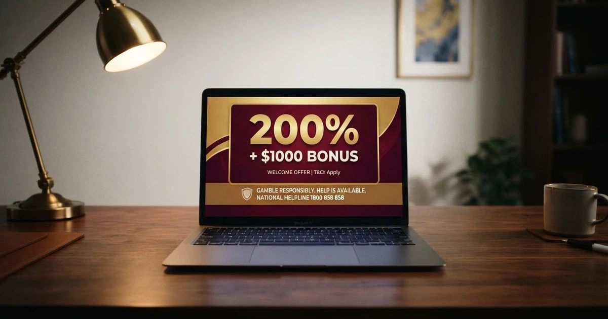 A laptop screen showing a casino welcome-bonus banner with a translucent Australian legal-warning overlay and an ACMA logo beside it