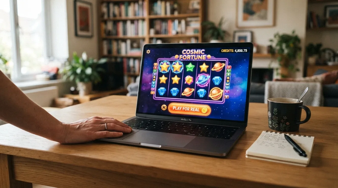 A Betsoft slot loaded in demo mode in a browser window showing a virtual credit balance in the thousands and a prominent button to switch to real-money play