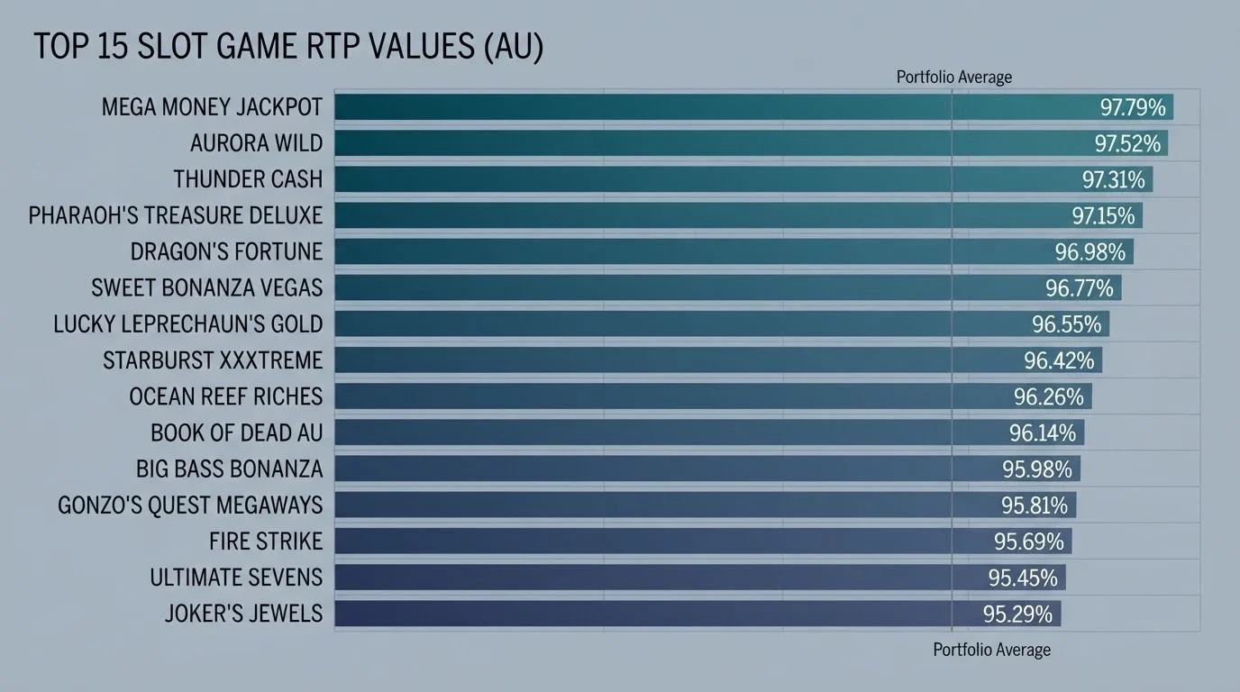 A horizontal bar chart ranking 15 Betsoft pokies by RTP from 97.79% at the top to 95.29% at the bottom with the portfolio average of 96.0% marked as a reference line