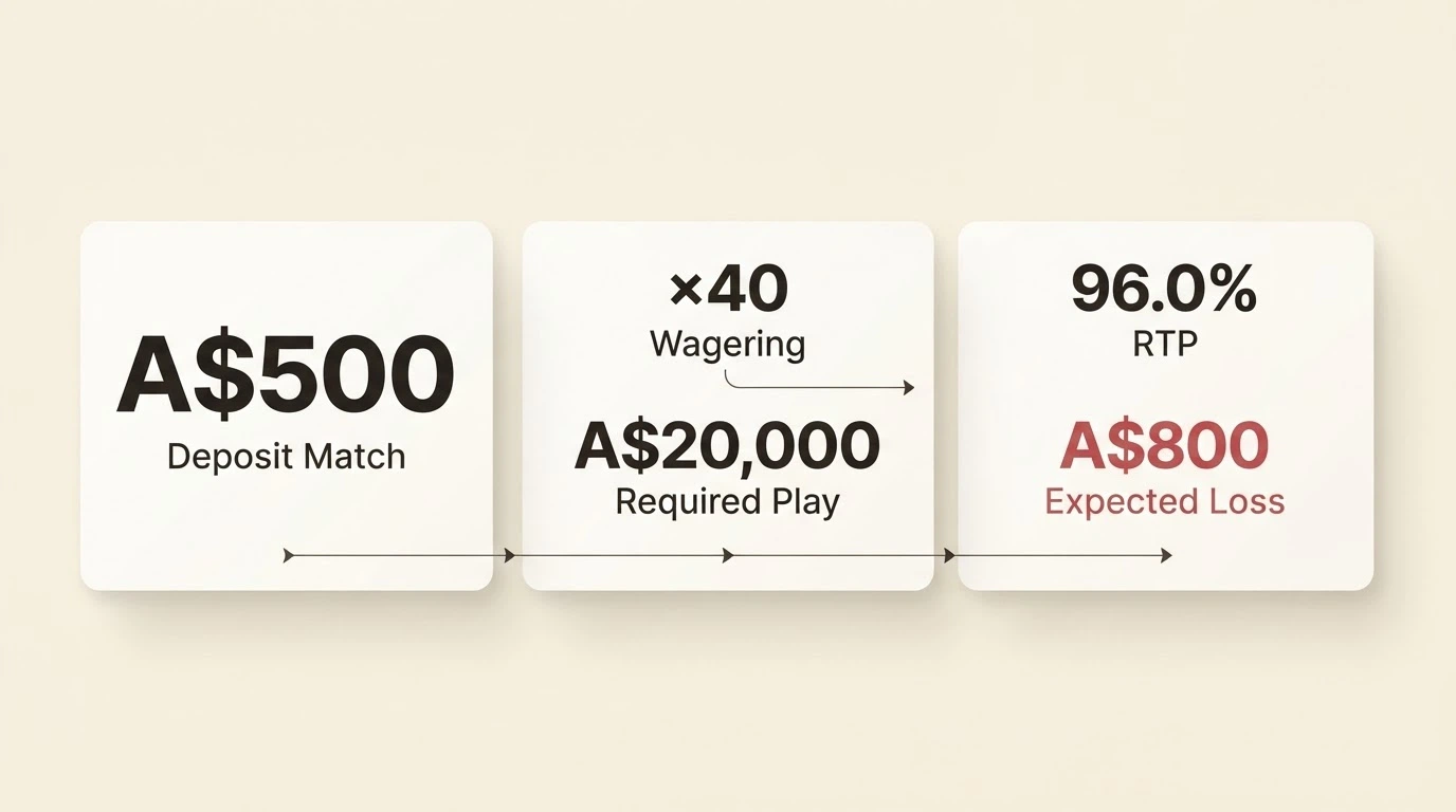 An infographic breaking a A$500 welcome bonus into its real components: the deposit match, the 40x turnover requirement producing A$20,000 in required play, and the expected loss at 96% RTP