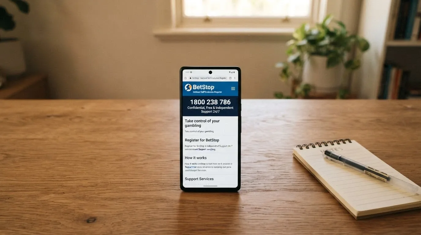 A mobile phone showing the BetStop national self-exclusion register homepage and the 1800 858 858 National Gambling Helpline number displayed prominently