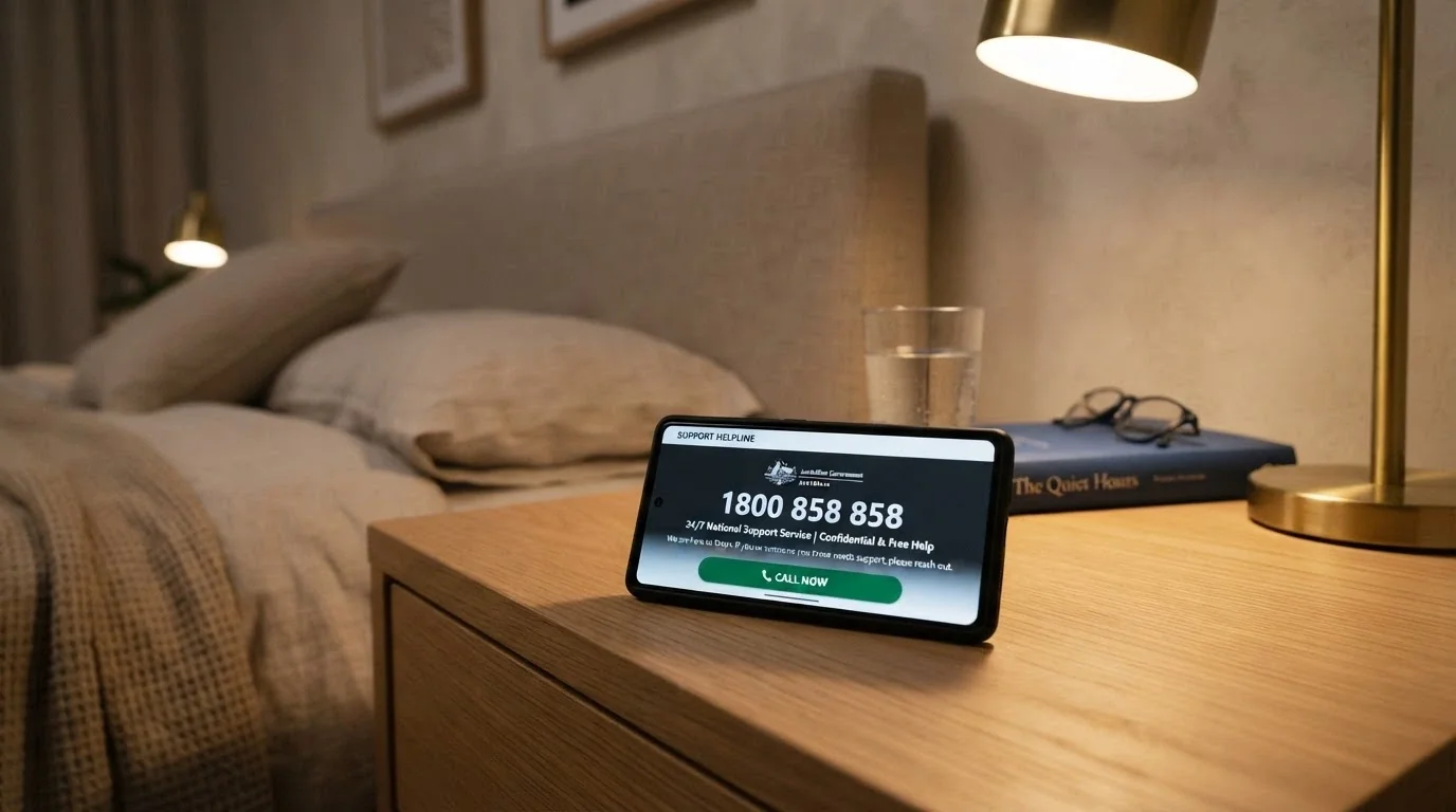 BetStop.gov.au homepage and the National Gambling Helpline number 1800 858 858 displayed together on a smartphone screen