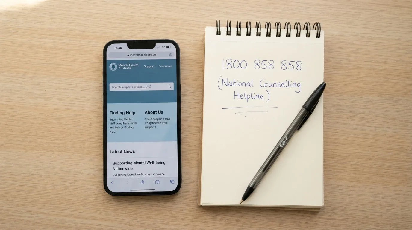 A smartphone showing the BetStop website homepage beside a notepad with the number 1800 858 858 written on it