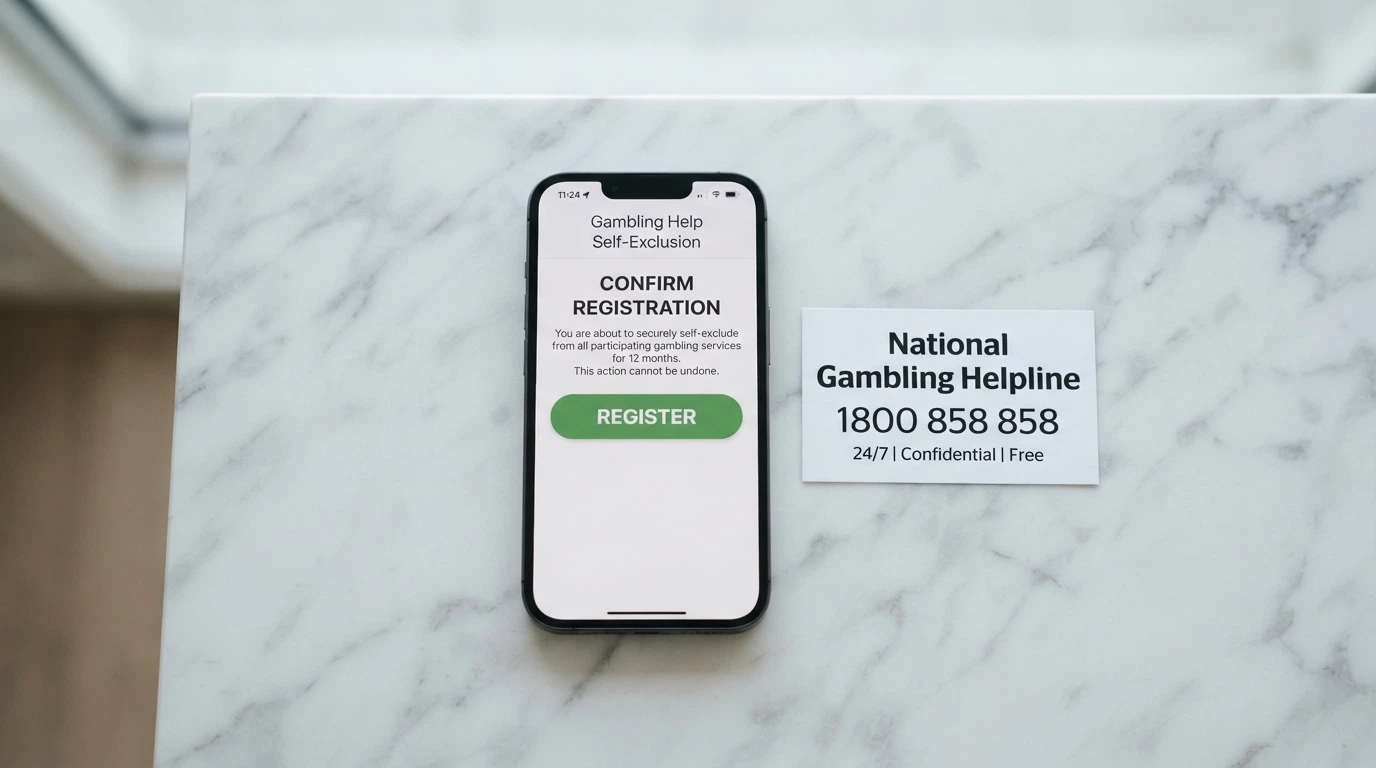 A smartphone screen displaying the BetStop registration page beside a contact card showing the 1800 858 858 National Gambling Helpline number with 24/7 availability