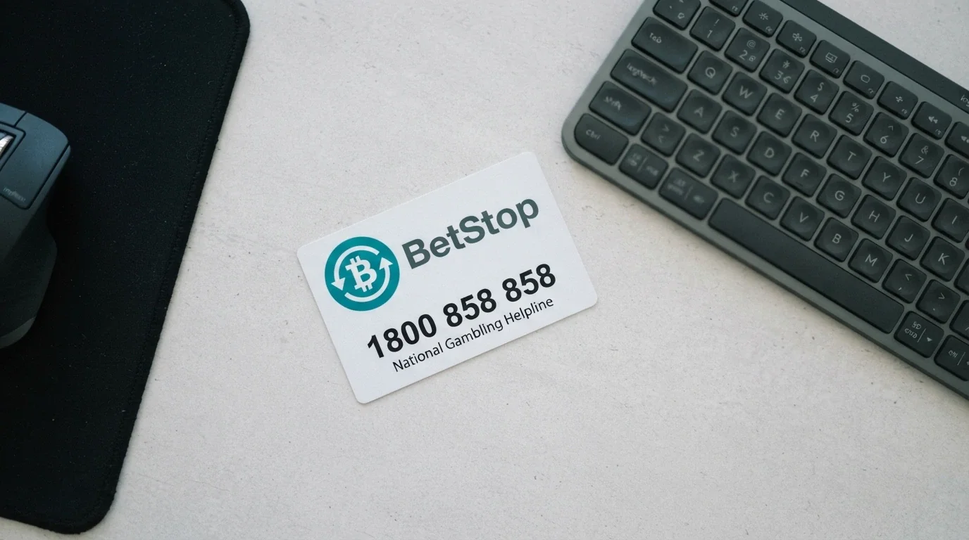 A wallet card bearing the BetStop logo on one side and the Gambling Helpline 1800 858 858 on the other, placed on a desk next to a keyboard