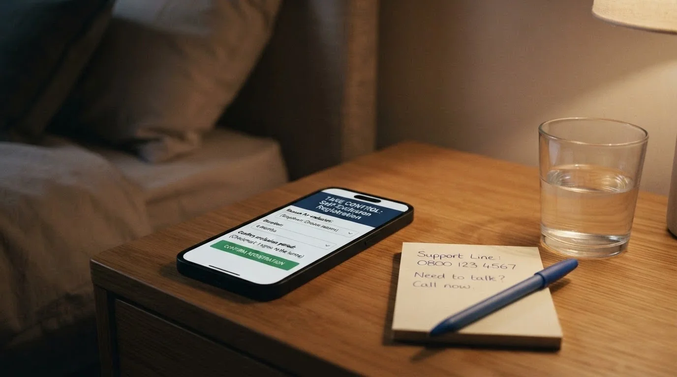 A smartphone screen showing the BetStop registration page beside a notepad with '1800 858 858' handwritten on it, a pen resting across the notepad