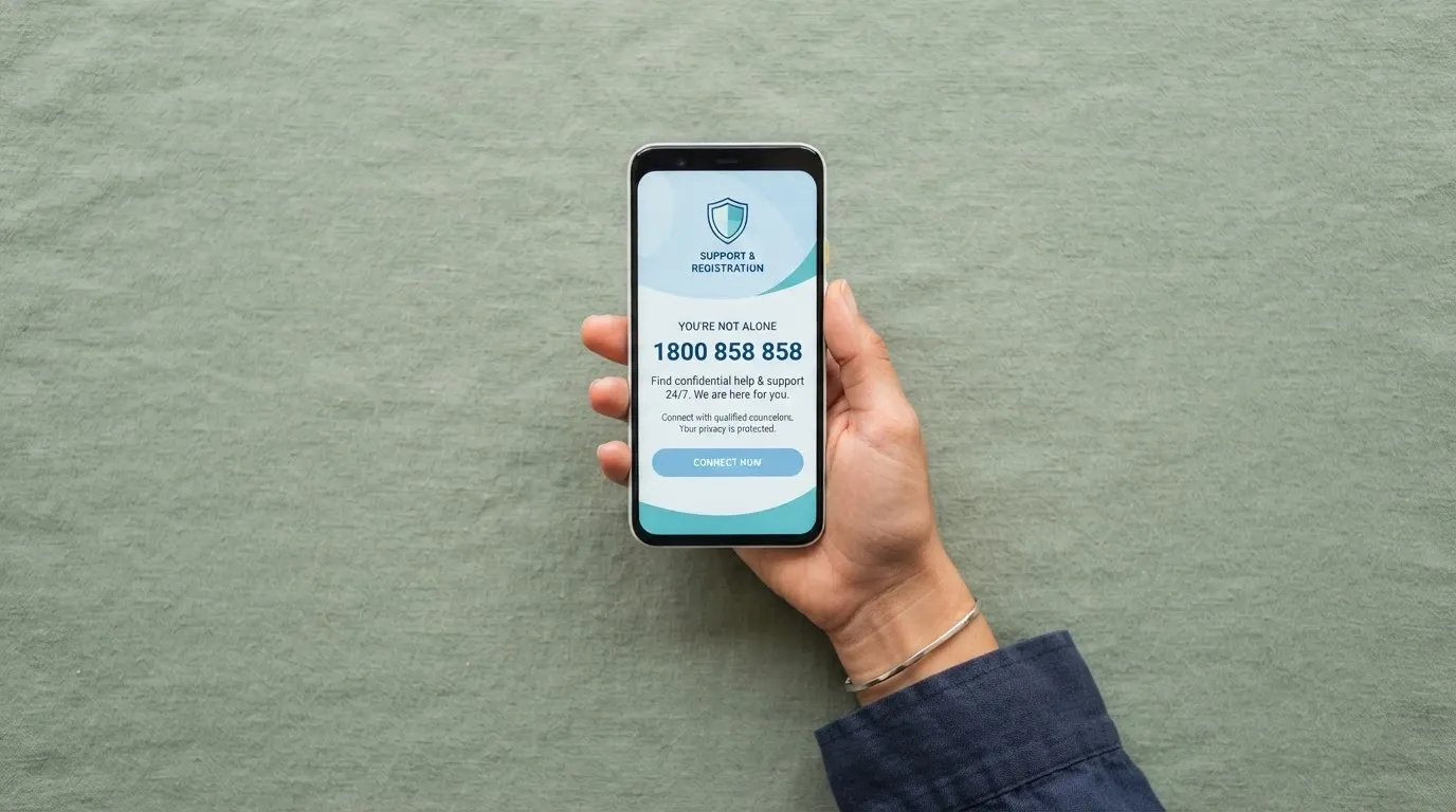 A phone screen showing the BetStop registration page and the Gambling Helpline number 1800 858 858, with a supportive, calm colour palette
