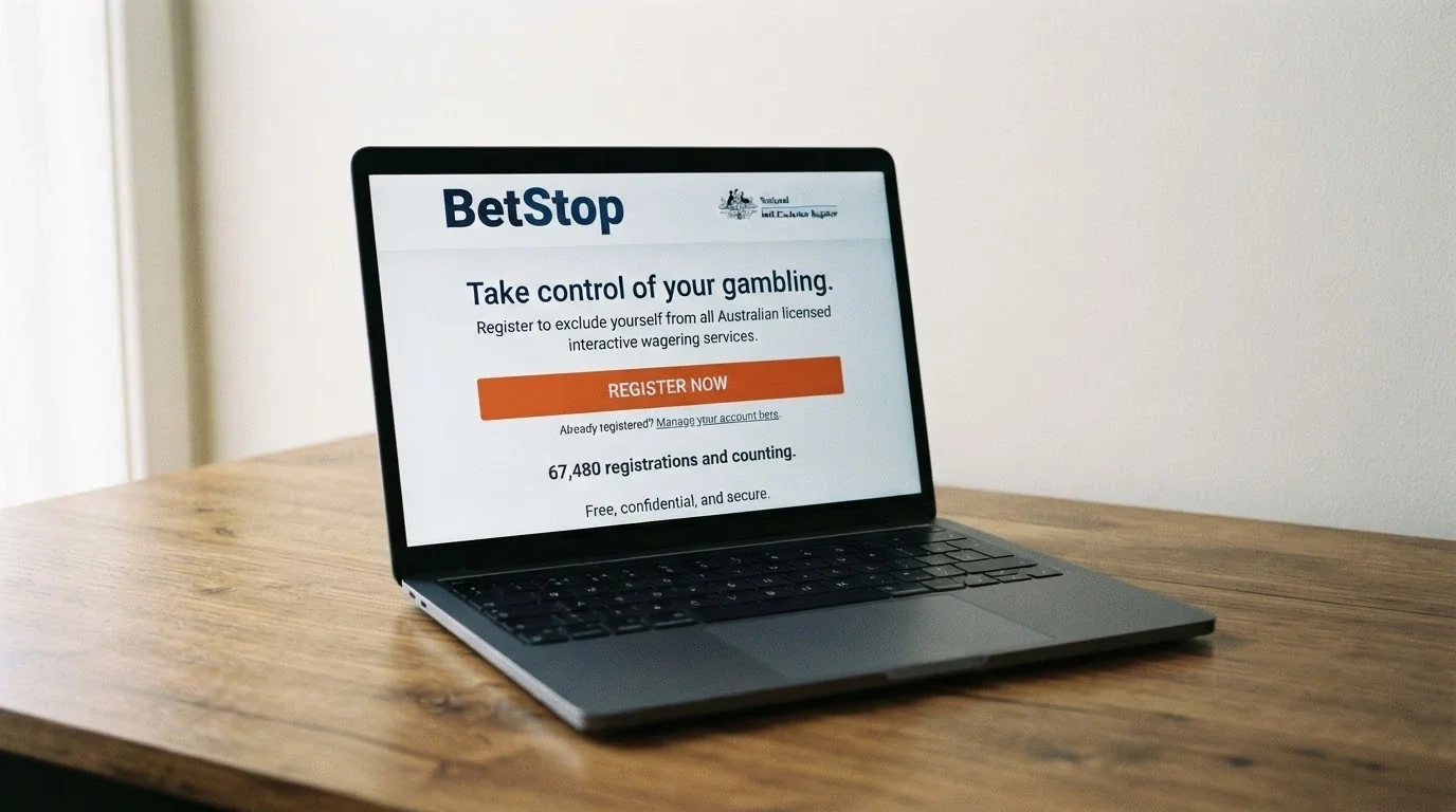 The BetStop National Self-Exclusion Register homepage on a laptop screen, with the registration button and “67,480 registrations” visible