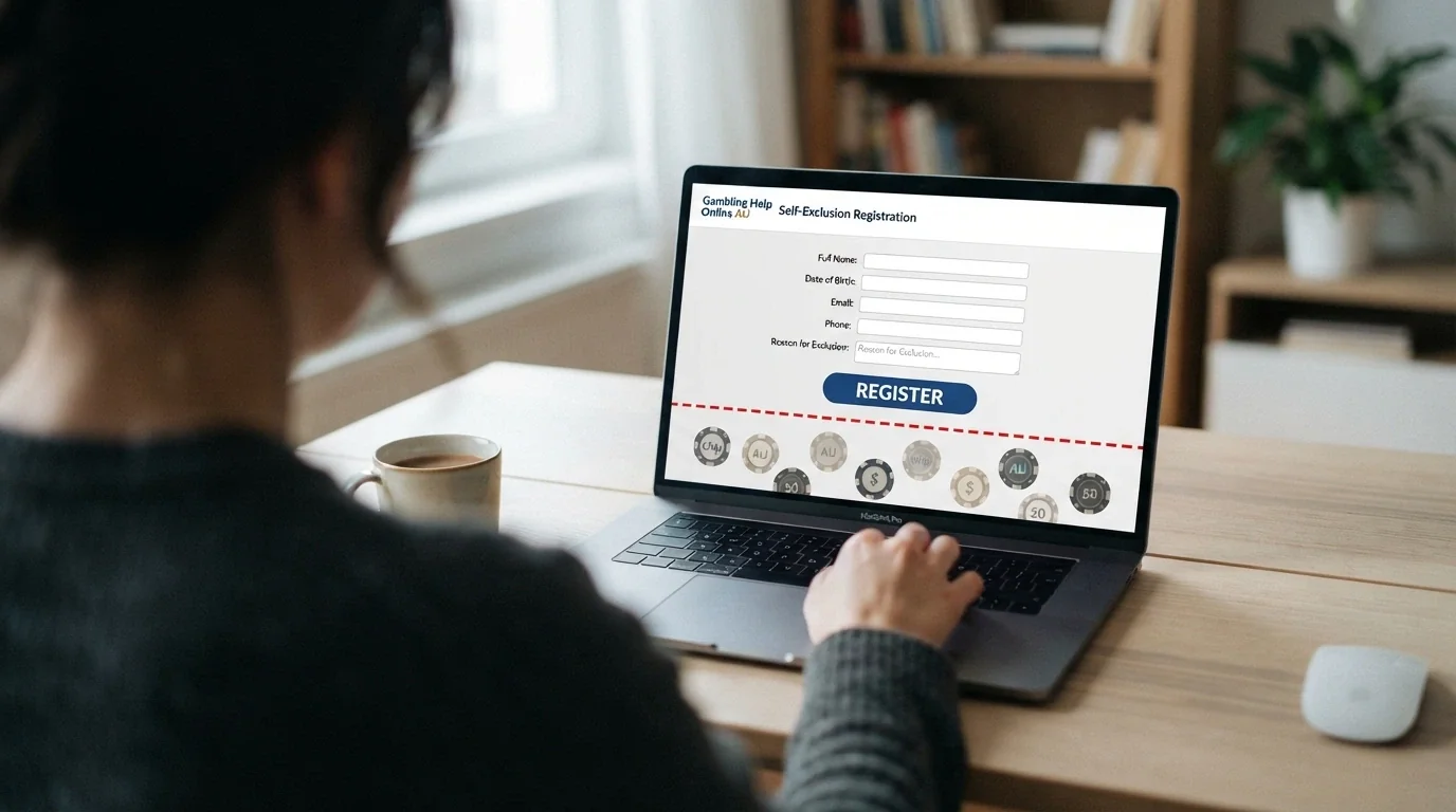 The BetStop National Self-Exclusion Register interface showing a registration button, with a red dashed line separating it from offshore casino logos labelled “not connected”