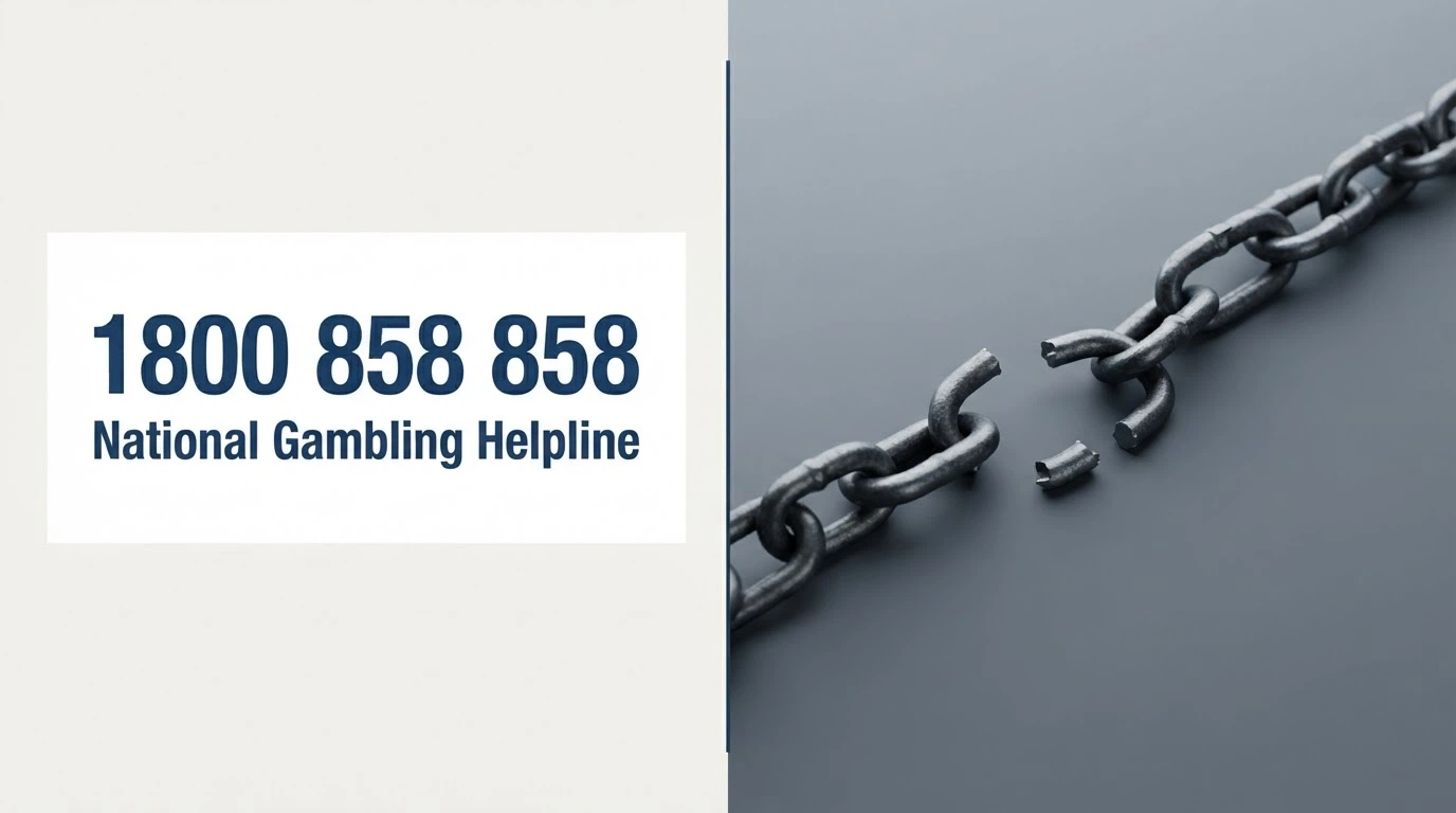 A split composition: on the left, the BetStop logo and the National Gambling Helpline number 1800 858 858 in clean type; on the right, a faded, disconnected chain-link icon representing the offshore gap.